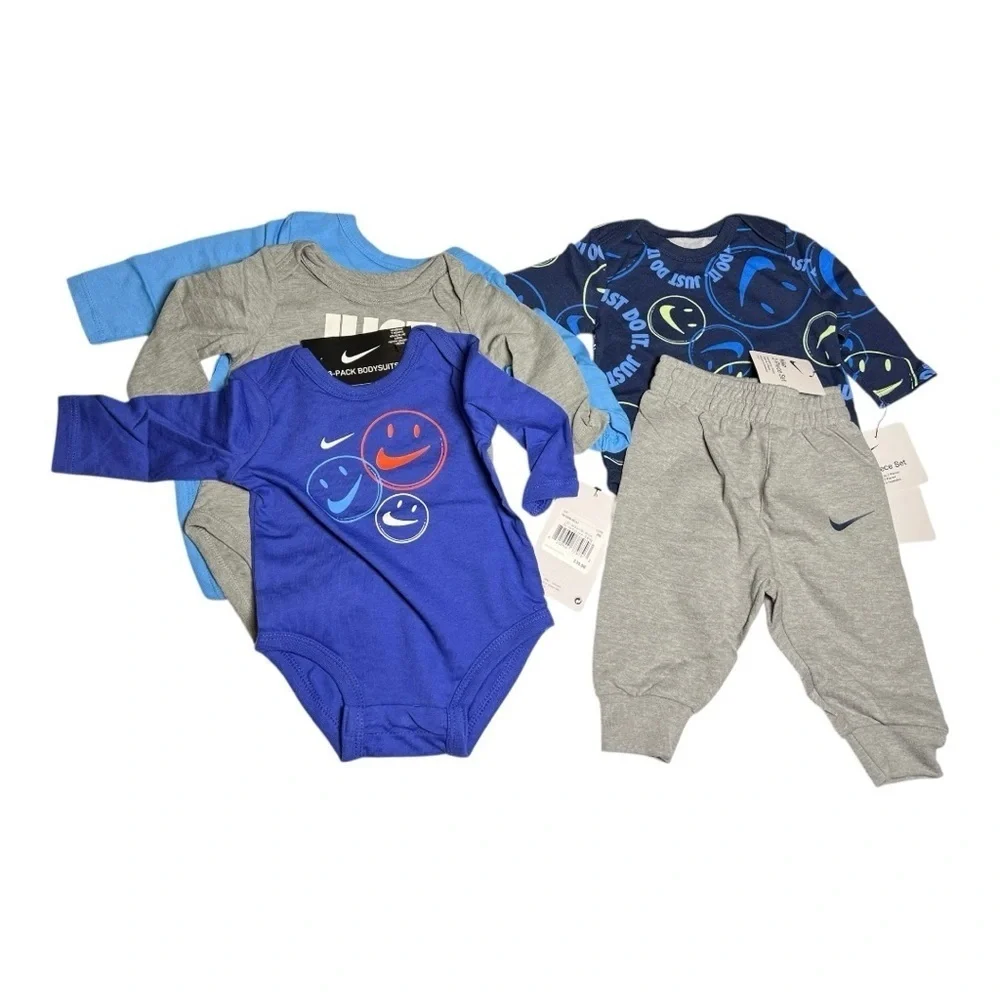 Nike Smiley Unisex Blue and Gray Jogger Set And Set Of 3 Bodysuits Size 3 Months